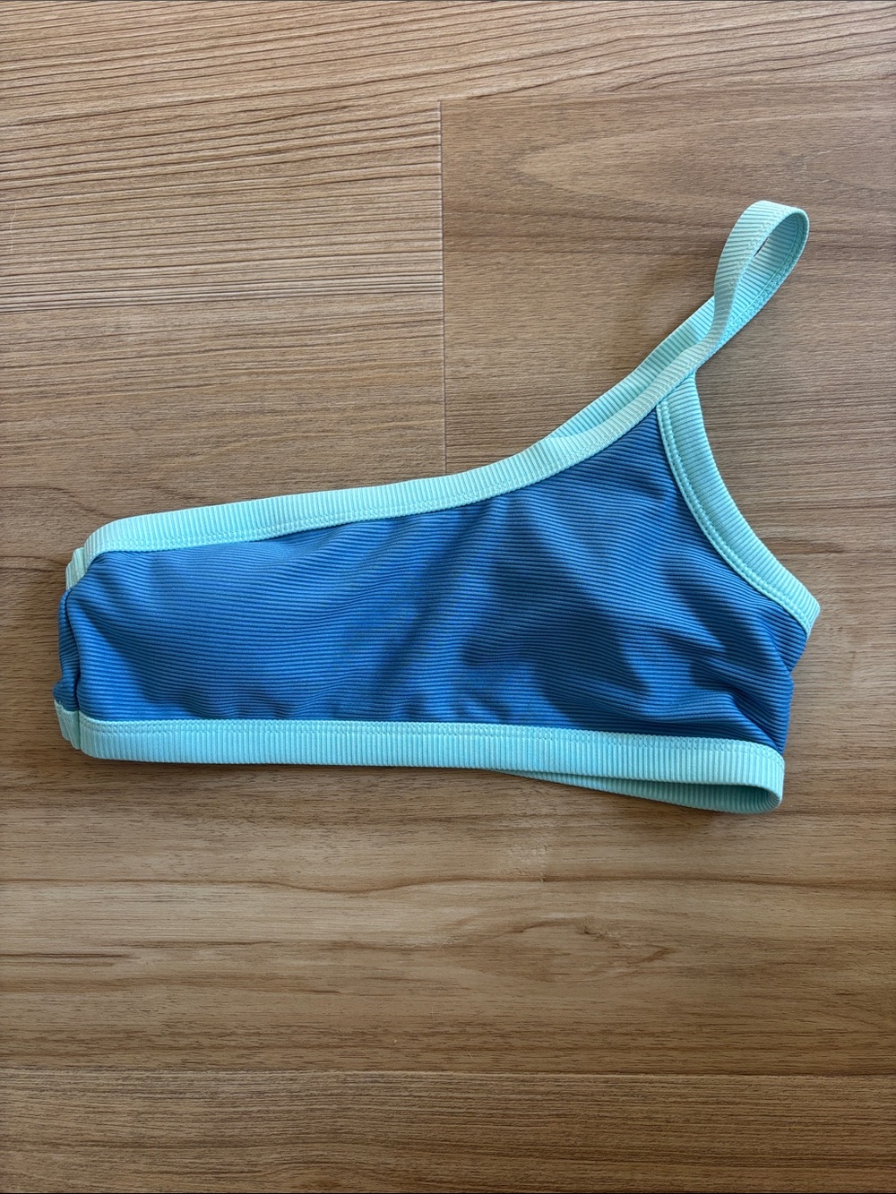 Blue One-Shoulder Bikini Top with Mint Trim
